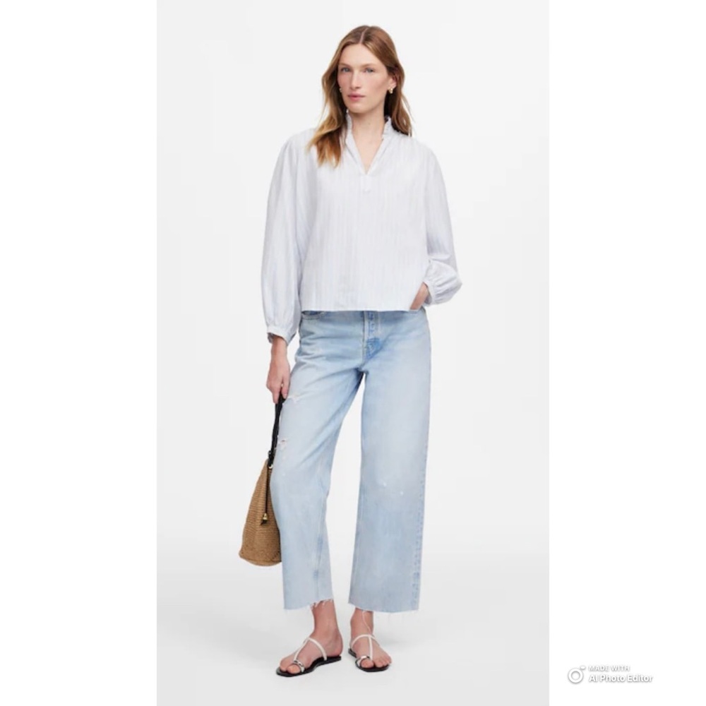 Madewell Ruffled Popover Top in Blue White Lino Dobby Stripe Size Small NWT